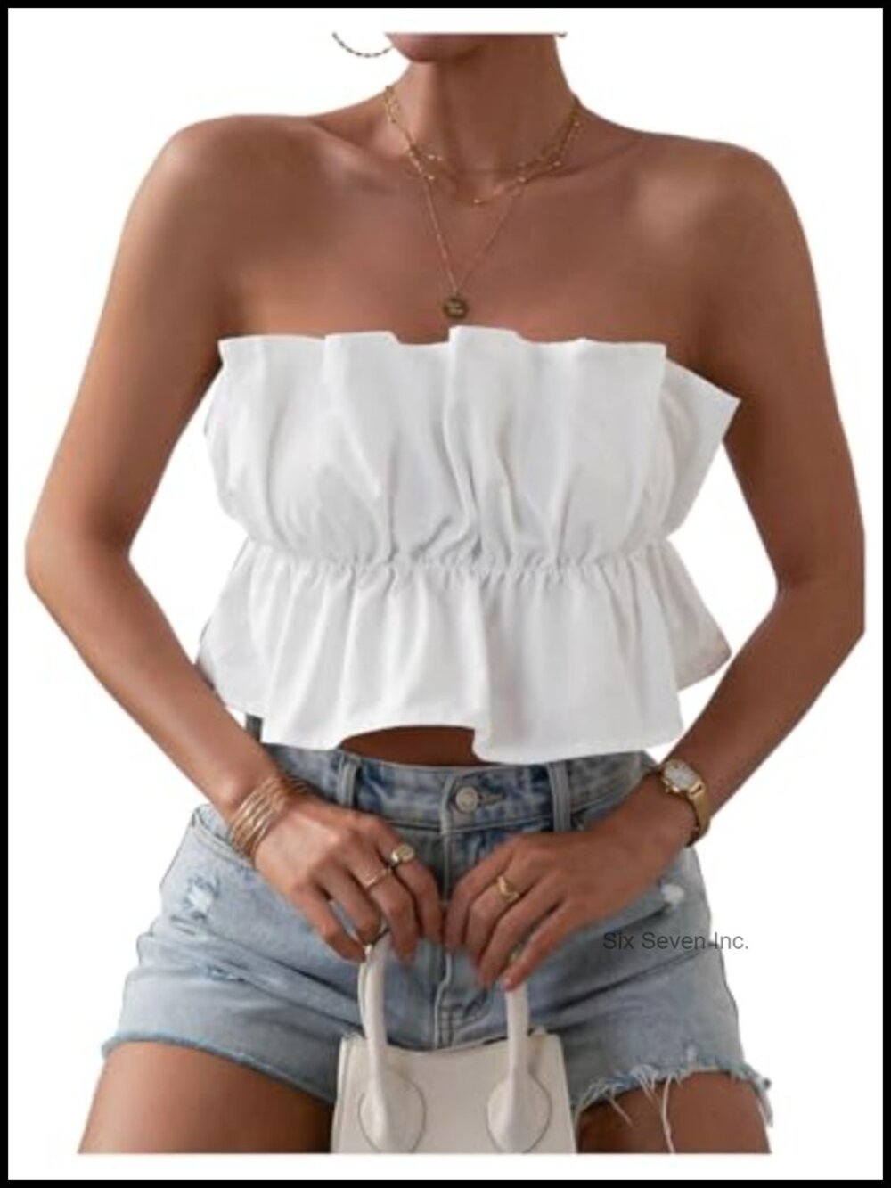 Ruffle Hem Strapless Bandeau Tube Top Peplum Sleeveless Woven Shirt